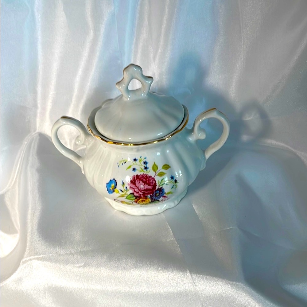 Vintage White Floral Sugar Bowl With Gold Accents and Lid